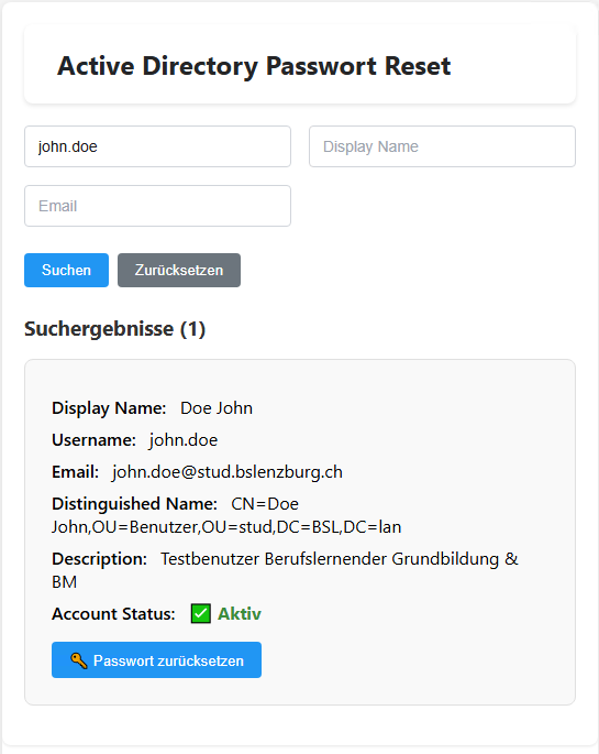 AD-Benutzersuche: Ergebnisliste mit Kontostatus und Detailinformationen.
