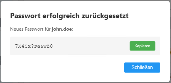Passwort-Reset-Ansicht mit Bestätigungsfeld und Mindestlängen-Validierung.